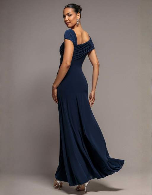 Goddiva Asymmetric neck gathered waist maxi dress in navy, 2 of 4