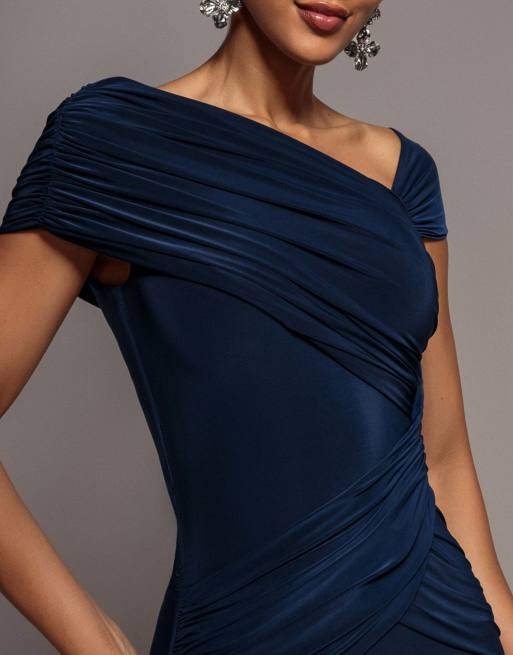 Goddiva Asymmetric neck gathered waist maxi dress in navy, 3 of 4
