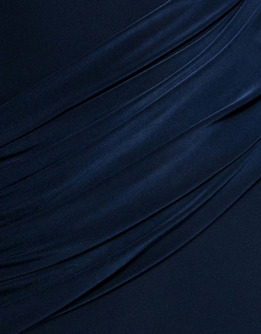 Goddiva Asymmetric neck gathered waist maxi dress in navy, 4 of 4