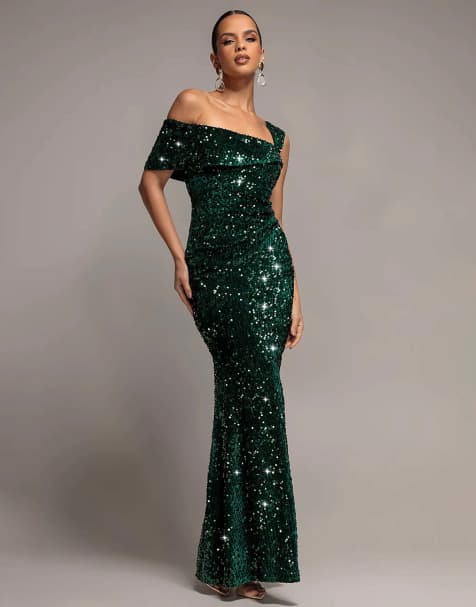 Goddiva Asymmetric off shoulder pleated waist maxi dress in emeraldgreen - view 1
