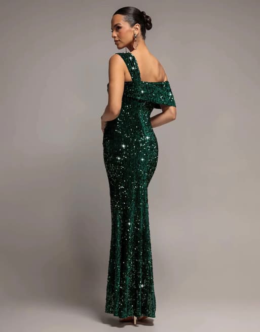 Goddiva Asymmetric off shoulder pleated waist maxi dress in emeraldgreen, 2 of 4