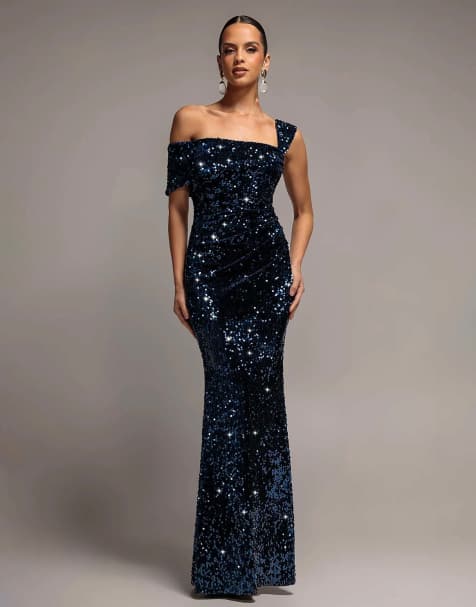 Goddiva Asymmetric off shoulder pleated waist maxi dress in navy