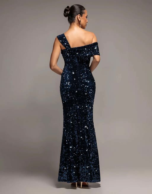Goddiva Asymmetric off shoulder pleated waist maxi dress in navy, 2 of 4