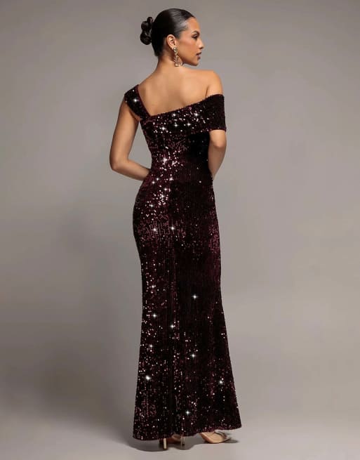 Goddiva Asymmetric off shoulder pleated waist maxi dress in plum, 2 of 4
