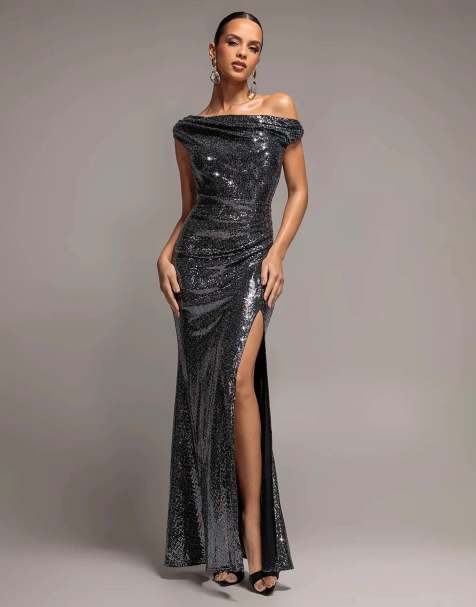 Goddiva Asymmetric one shoulder front split sequin maxi dress in black multi