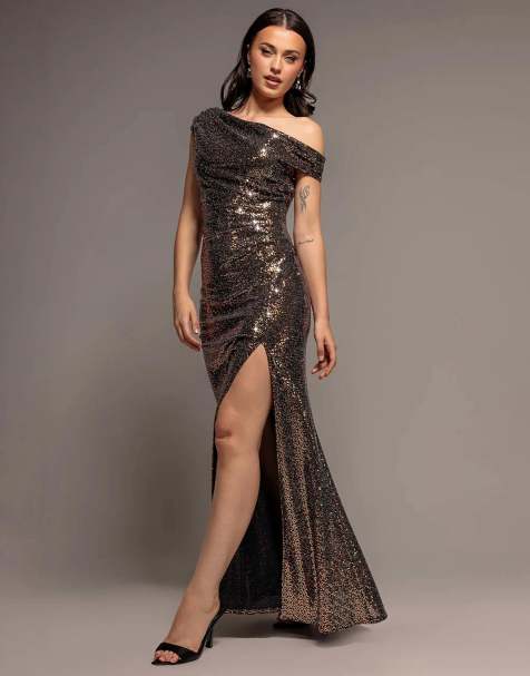 Goddiva Asymmetric one shoulder front split sequin maxi dress in gold multi