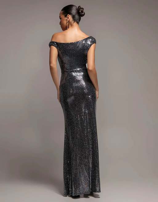 Goddiva Asymmetric shoulder front split sequin maxi dress in black multi, 2 of 4