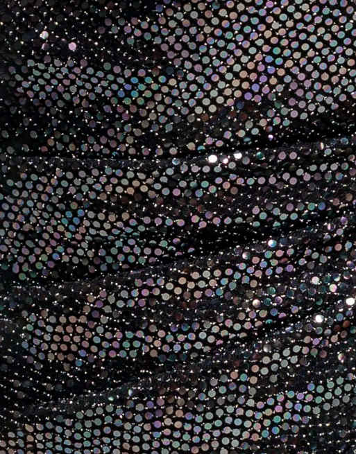 Goddiva Asymmetric shoulder front split sequin maxi dress in black multi, 4 of 4
