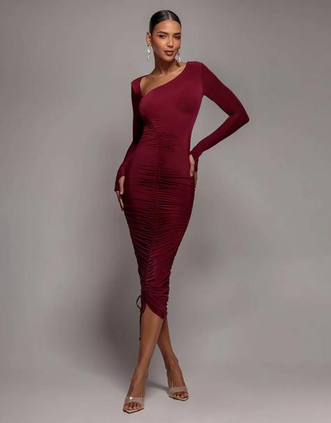 Goddiva Asymmetrical neck ruched midi dress in wine - view 1