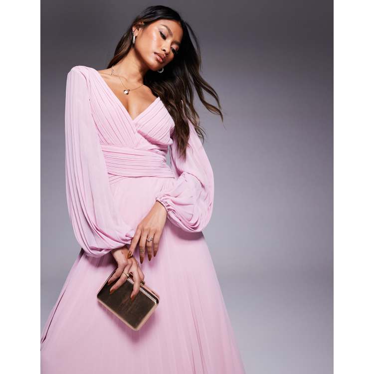 Goddiva Balloon sleeve chiffon maxi dress in pink | ASOS