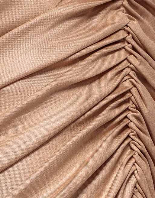 Goddiva Bandeau faux leather midi dress in beige, 3 of 4