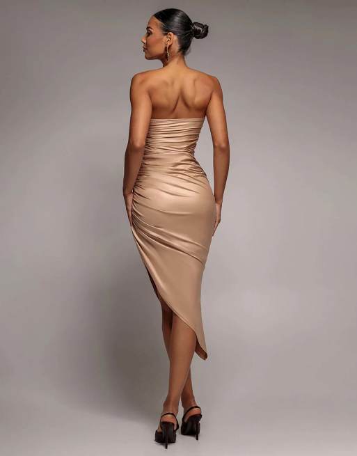 Goddiva Bandeau faux leather midi dress in beige, 4 of 4
