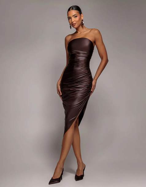 Goddiva Bandeau faux leather midi dress in brown - view 1