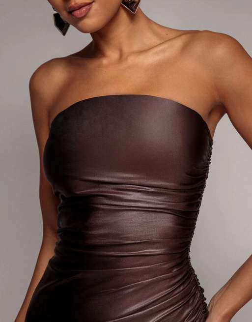 Goddiva Bandeau faux leather midi dress in brown, 2 of 4