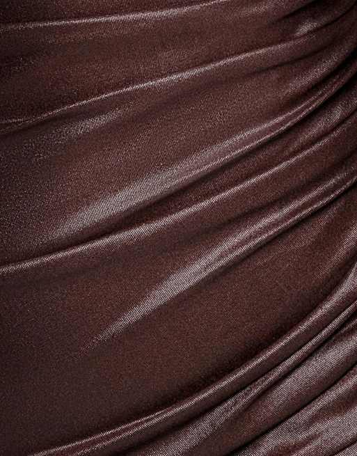 Goddiva Bandeau faux leather midi dress in brown, 3 of 4