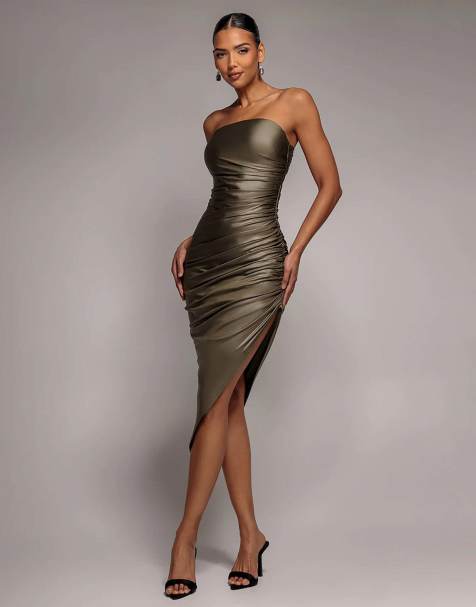 Goddiva Bandeau faux leather midi dress in khaki - view 1