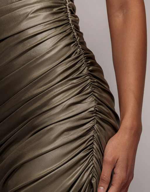 Goddiva Bandeau faux leather midi dress in khaki, 4 of 4