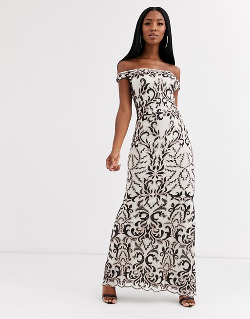 Goddiva bandeau maxi dress with baroque detail in black and cream