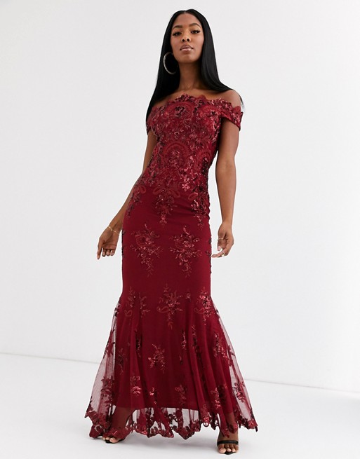 Goddiva bardot maxi dress with baroque embellishment in wine red