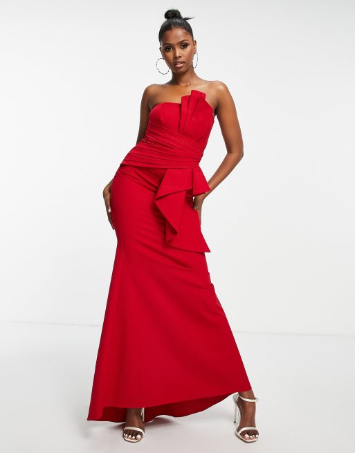 Bandeau Ruffle Detail Maxi Dress in Red