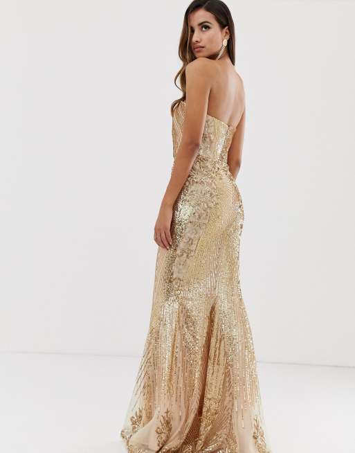 Gold Large Sequin Bandeau Maxi Dress