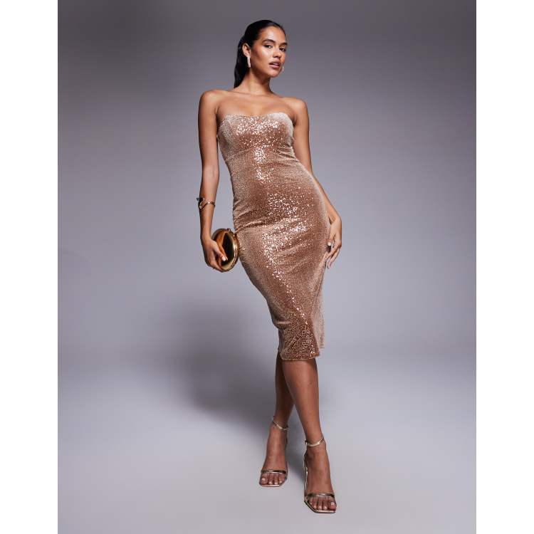 Goddiva Bandeau sequin & velvet midi dress in champagne | ASOS