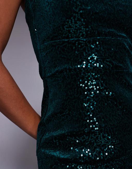 Goddiva Bandeau sequin & velvet midi dress in emerald | ASOS