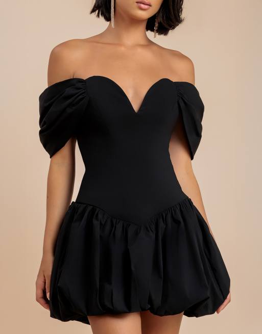 Goddiva Bardot babydoll corset mini dress in black, 2 of 4