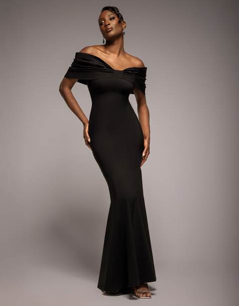 Goddiva Bardot bow neck maxi dress in black
