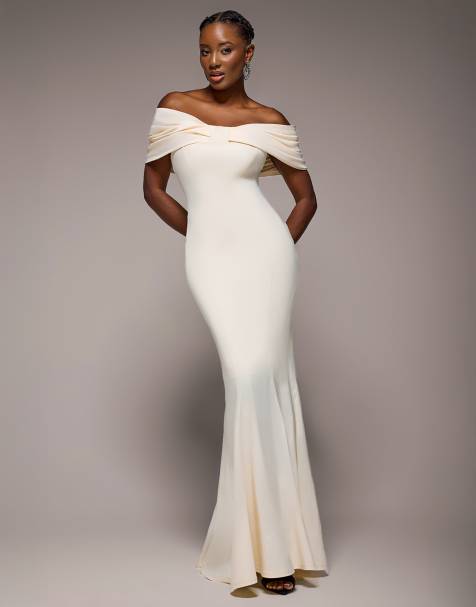 Goddiva Bardot bow neck maxi dress in cream