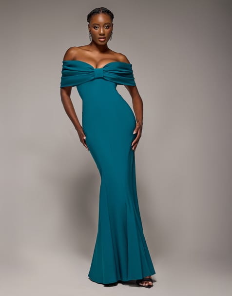 Goddiva Bardot bow neck maxi dress in emeraldgreen
