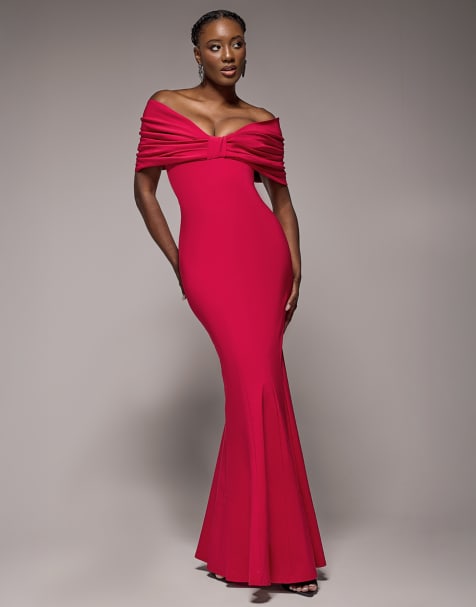 Goddiva Bardot bow neck maxi dress in red