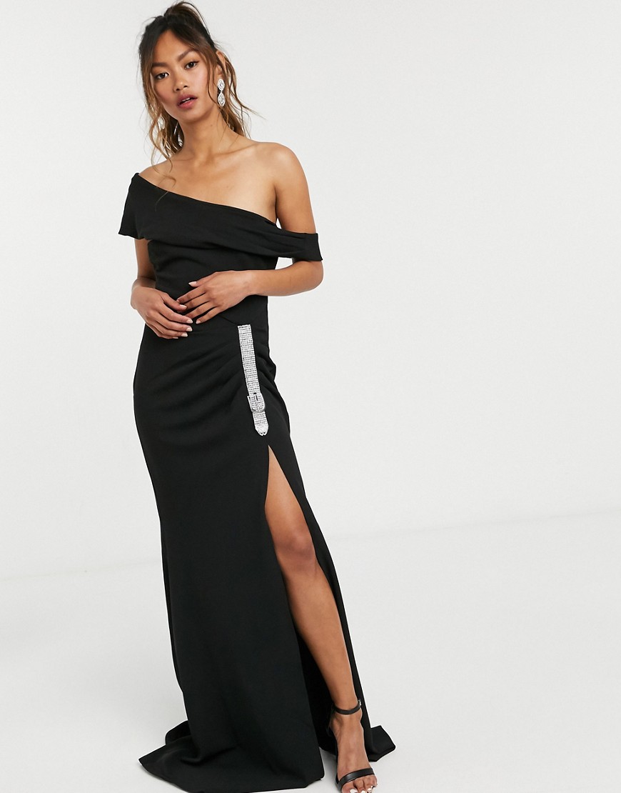 Goddiva bardot buckle detail maxi dress in black