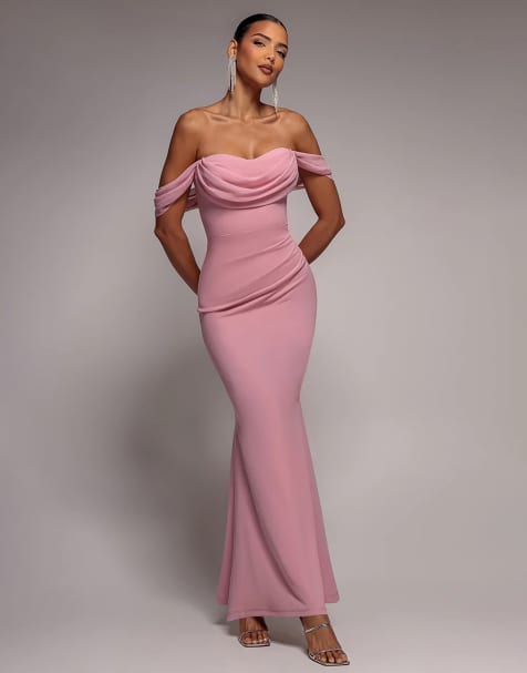 Goddiva Bardot & chiffon cowl maxi dress in blush - view 1