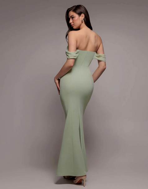 Goddiva Bardot & chiffon cowl maxi dress in sagegreen - view 1