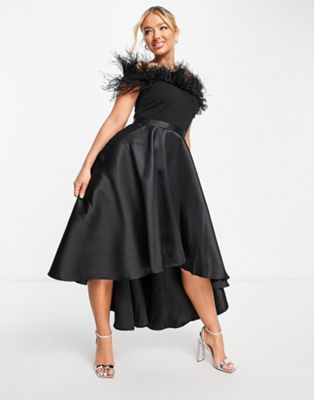 Goddiva bardot faux feather midi dress in black