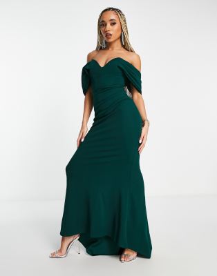 Goddiva Bardot Fishtail Maxi Dress In Emerald Green ModeSens