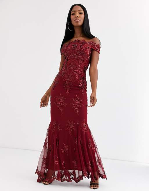 Burgundy bardot best sale maxi dress