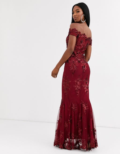 Burgundy bardot lace hot sale fishtail maxi dress