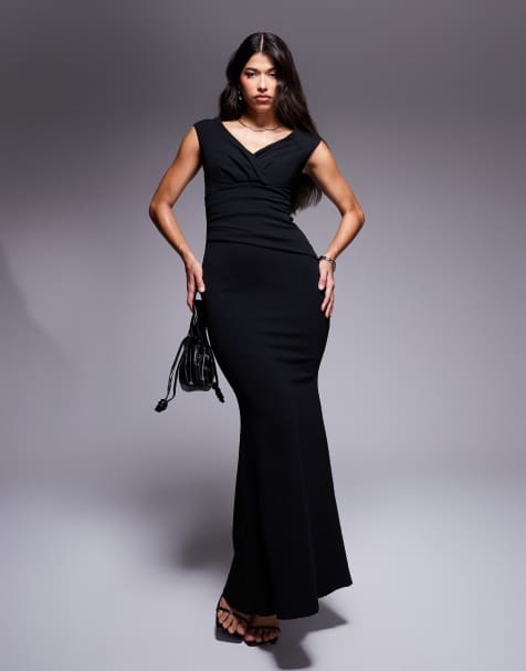 Goddiva Bardot pleated maxi dress in black