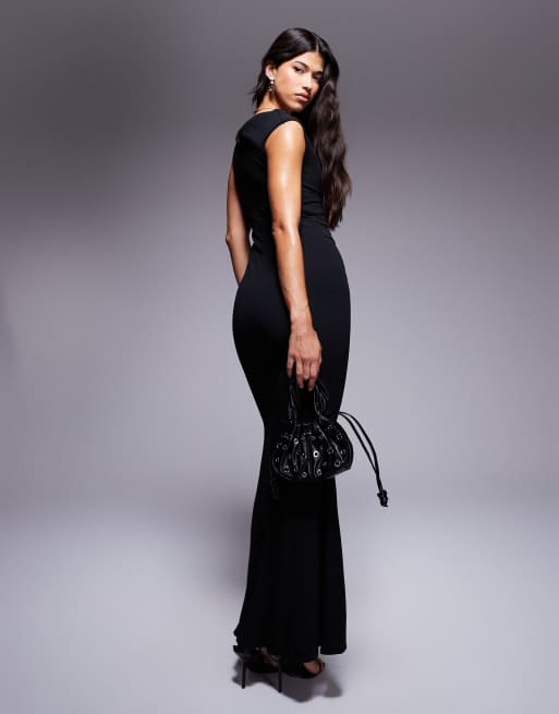 Goddiva Bardot pleated maxi dress in black ASOS