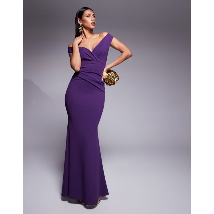 Goddiva Bardot pleated maxi dress in purple | ASOS