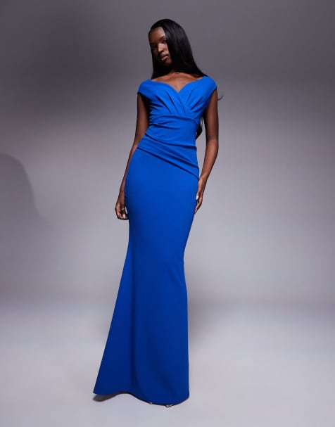 Goddiva Bardot pleated maxi dress in royalblue - view 1