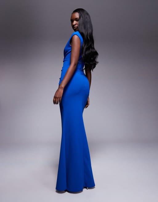 Goddiva Bardot pleated maxi dress in royalblue ASOS