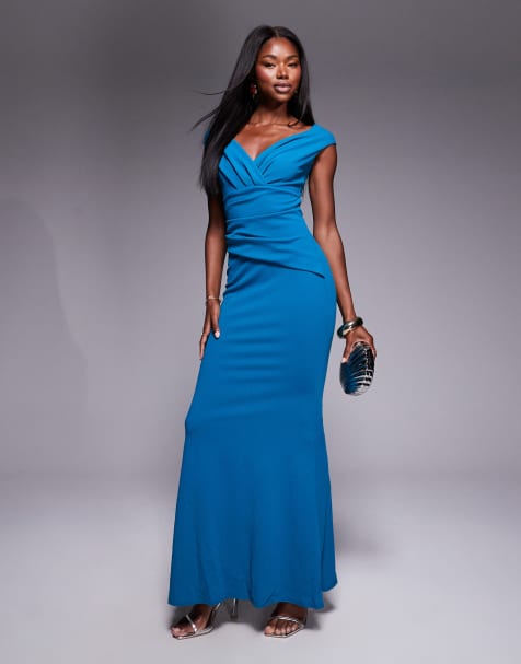 Goddiva Bardot pleated maxi dress in tealblue - view 1