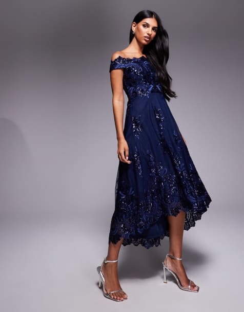 Goddiva Bardot sequin & lace high low midi in navy - view 1