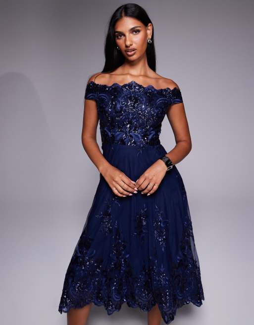 bridesmaid dress navy bardot lace dress