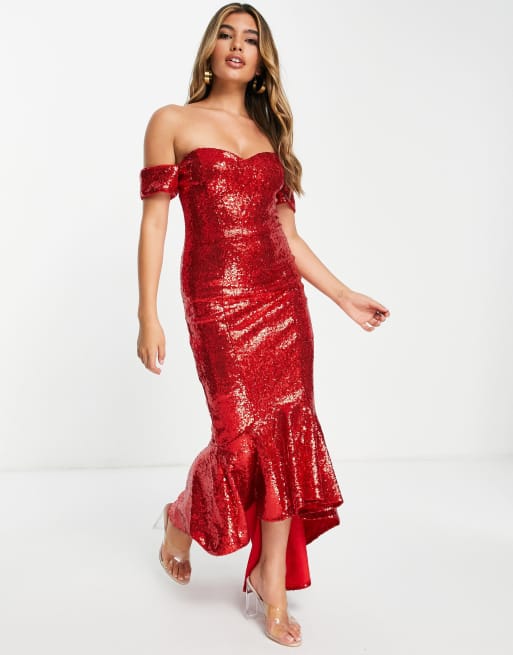 Goddiva bardot sequin midi dress with hi low hem in red