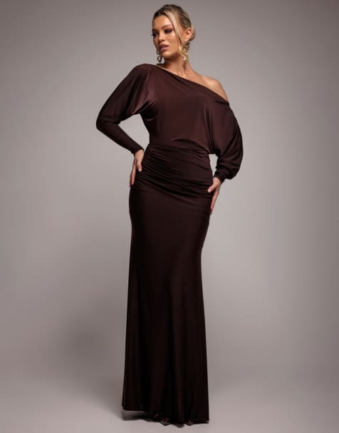 Goddiva Bat wing elasticated side gather maxi dress in brown - view 1