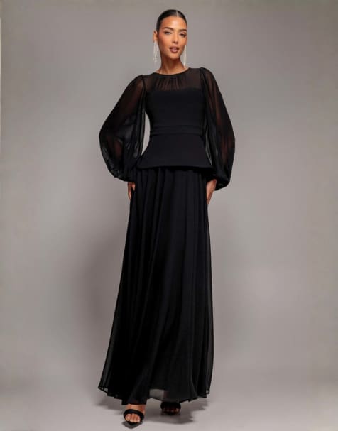 Goddiva Bishop sleeve peplum top sculpting stretch jersey crepe and chiffon maxi dress in black - view 1